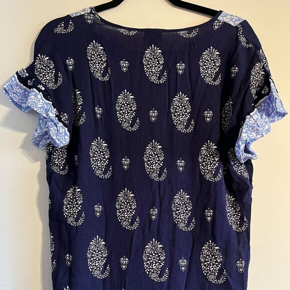 😊 3/$30 NWT COMO VINTAGE top Sz S ruffle sleeve light & dark blues - Picture 9 of 9